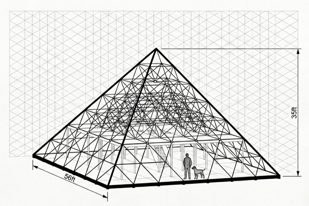 56-foot pyramid structural drawing showing space-frame geometry with human and dog scale reference at base, 35-foot peak height
