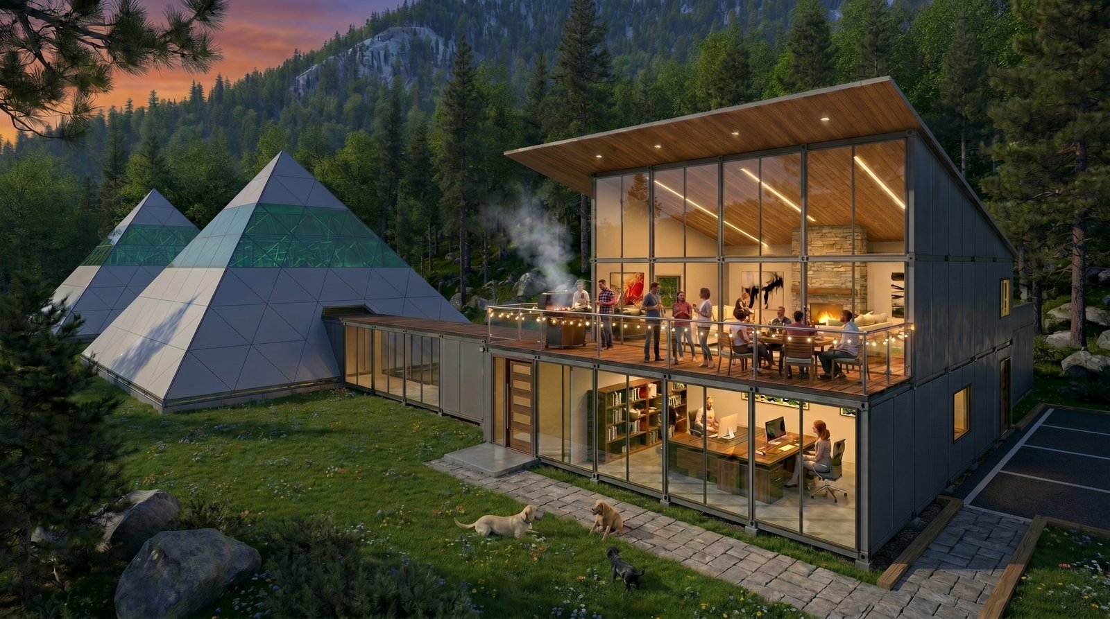 Dog Sanctuary at dusk with warm interior light and mountain pyramids