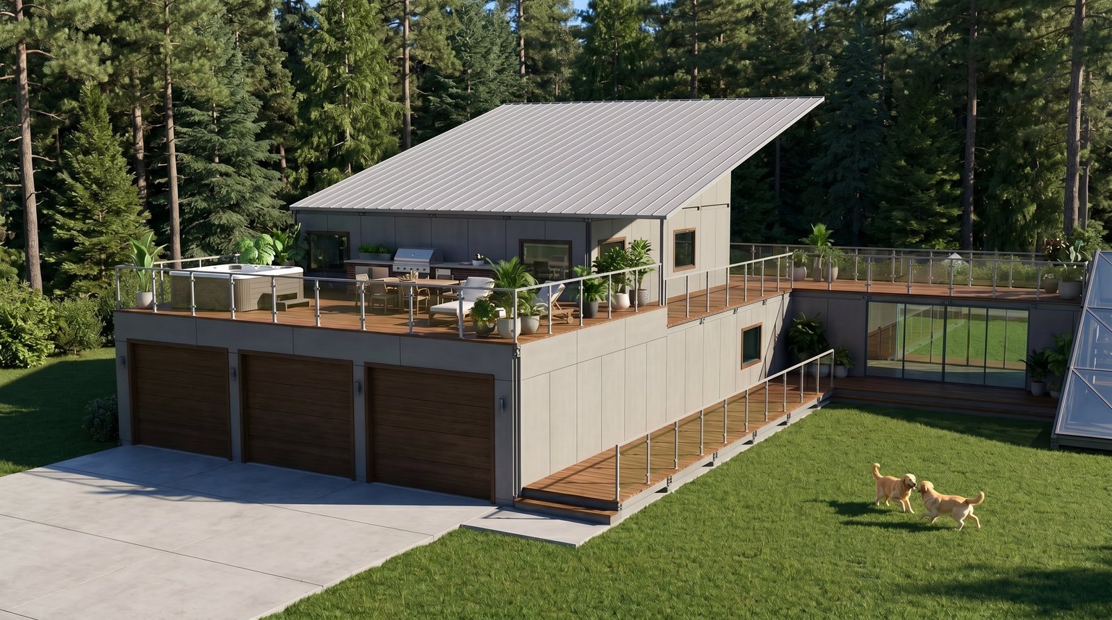 Dog Sanctuary rear elevation with three-car garage, rooftop deck with hot tub, and outdoor kitchen